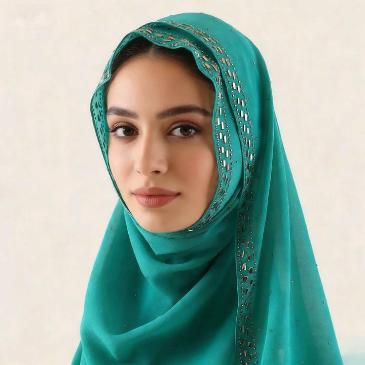 HilalHaven Sparkling Border Multi‑Color Pearl Chiffon Hijab — Long Woven Polyester All‑Season Wrap - Emerald Green - image 16
