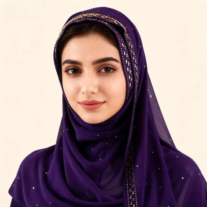 HilalHaven Sparkling Border Multi‑Color Pearl Chiffon Hijab — Long Woven Polyester All‑Season Wrap - Plum Purple - image 13