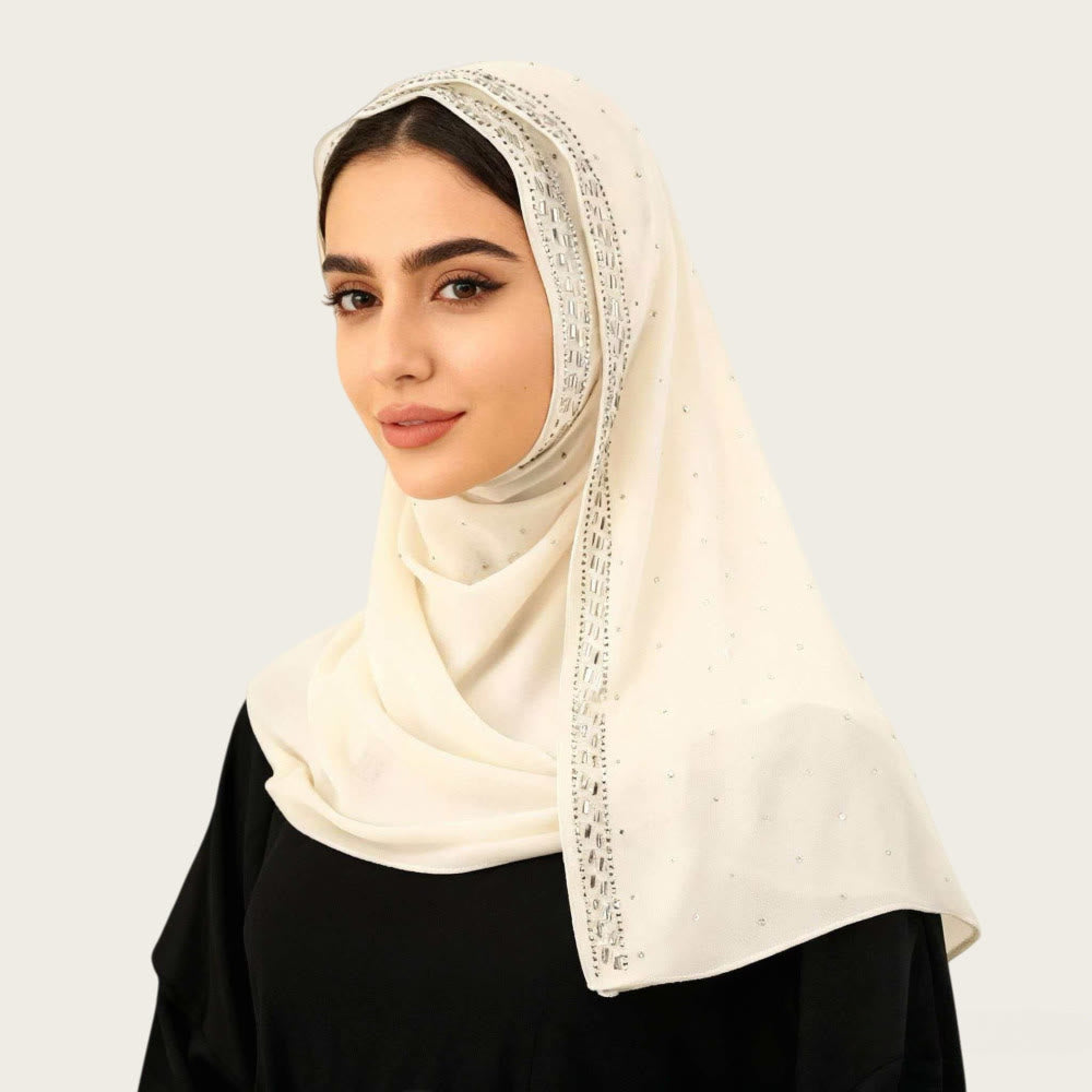 HilalHaven Sparkling Border Multi‑Color Pearl Chiffon Hijab — Long Woven Polyester All‑Season Wrap - Cream - image 8