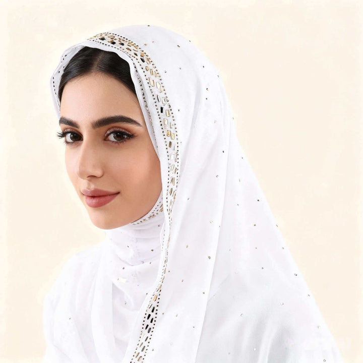 HilalHaven Sparkling Border Multi‑Color Pearl Chiffon Hijab — Long Woven Polyester All‑Season Wrap - Pure White - image 7