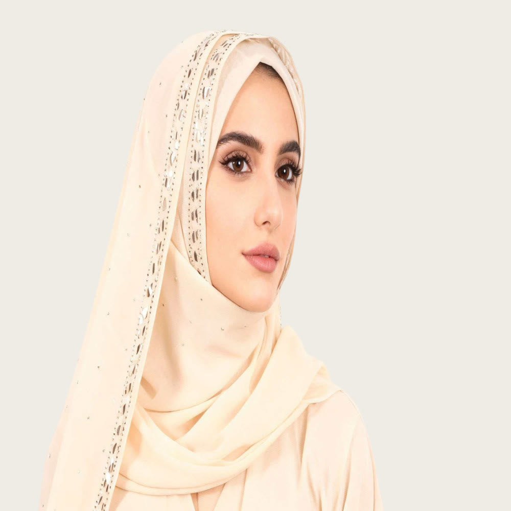 HilalHaven Sparkling Border Multi‑Color Pearl Chiffon Hijab — Long Woven Polyester All‑Season Wrap - Ivory - image 5