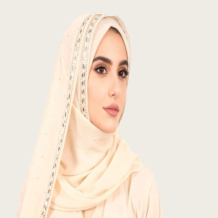 HilalHaven Sparkling Border Multi‑Color Pearl Chiffon Hijab — Long Woven Polyester All‑Season Wrap - Ivory - image 5