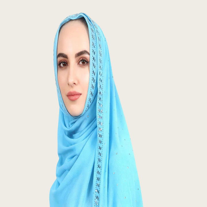 HilalHaven Sparkling Border Multi‑Color Pearl Chiffon Hijab — Long Woven Polyester All‑Season Wrap - Sky Blue - image 4