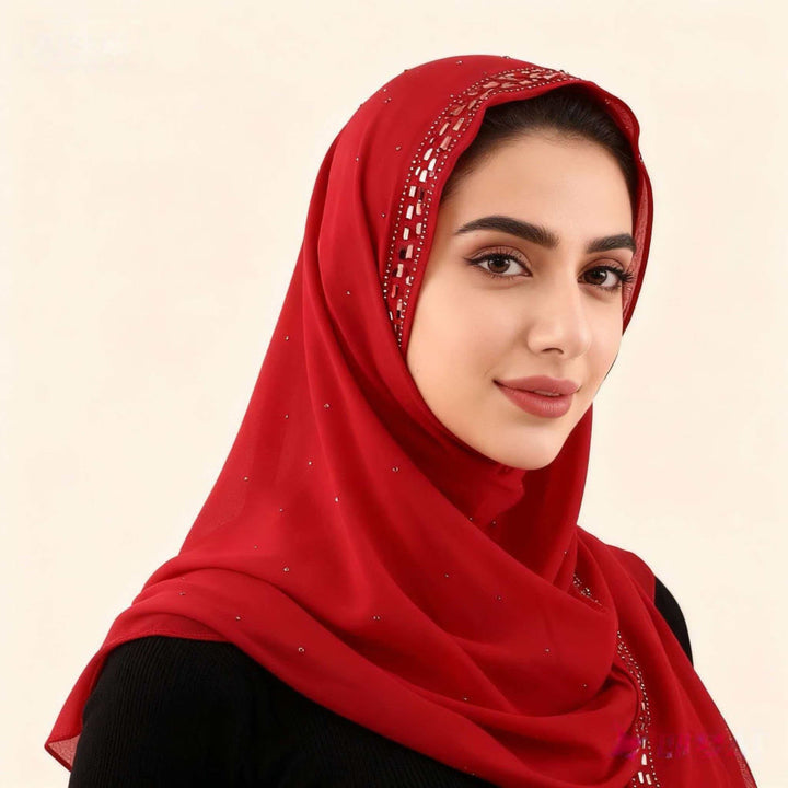 HilalHaven Sparkling Border Multi‑Color Pearl Chiffon Hijab — Long Woven Polyester All‑Season Wrap - Scarlet Red - image 12