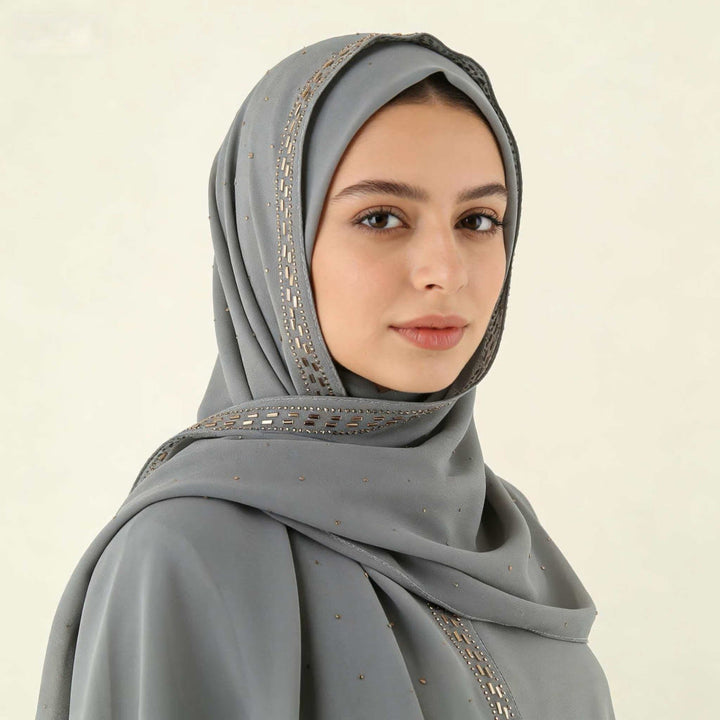 HilalHaven Sparkling Border Multi‑Color Pearl Chiffon Hijab — Long Woven Polyester All‑Season Wrap - Charcoal Grey - image 2