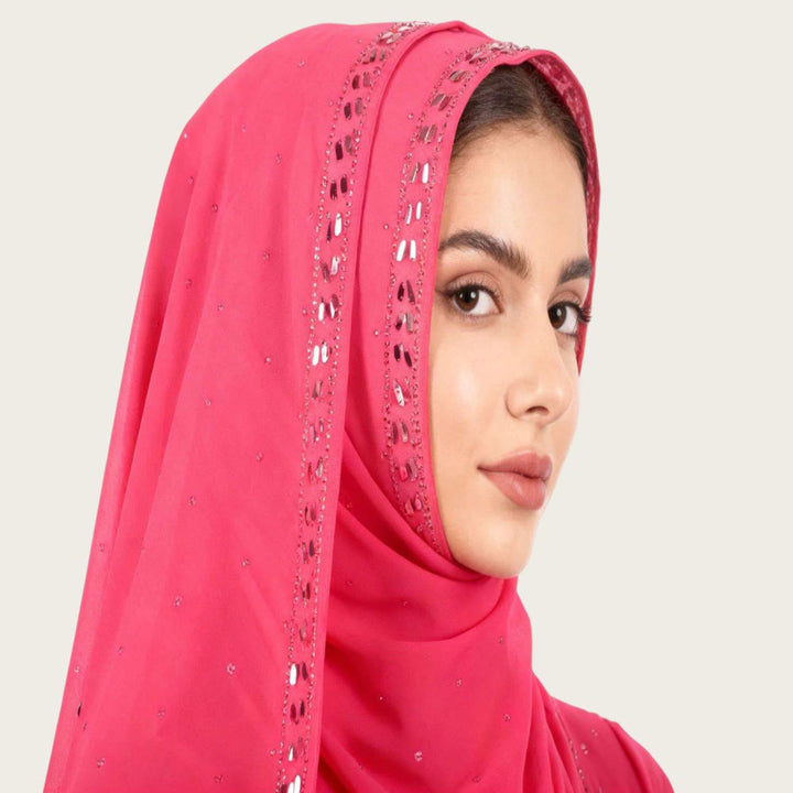 HilalHaven Sparkling Border Multi‑Color Pearl Chiffon Hijab — Long Woven Polyester All‑Season Wrap - Hot Pink - image 10
