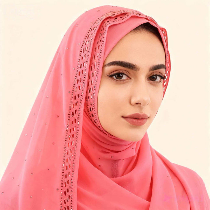 HilalHaven Sparkling Border Multi‑Color Pearl Chiffon Hijab — Long Woven Polyester All‑Season Wrap - Coral Pink - image 14