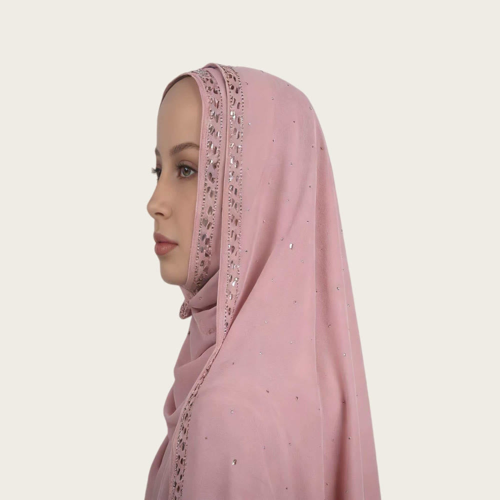 HilalHaven Sparkling Border Multi‑Color Pearl Chiffon Hijab — Long Woven Polyester All‑Season Wrap - Dusty Mauve - image 1