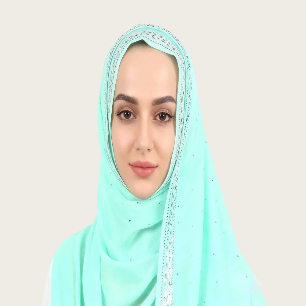 HilalHaven Sparkling Border Multi‑Color Pearl Chiffon Hijab — Long Woven Polyester All‑Season Wrap - Turquoise - image 6