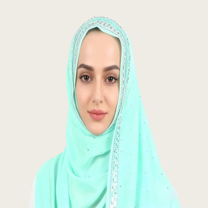 HilalHaven Sparkling Border Multi‑Color Pearl Chiffon Hijab — Long Woven Polyester All‑Season Wrap - Turquoise - image 6