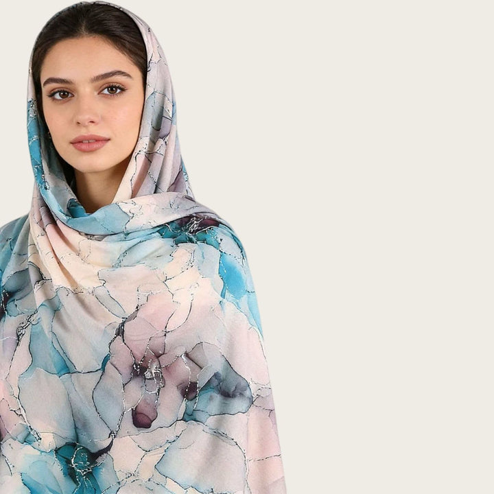 HilalHaven Fluid Hues Art‑Print Satin Cotton Hijab — Multi‑Pattern Long Viscose Head Scarf - image 10