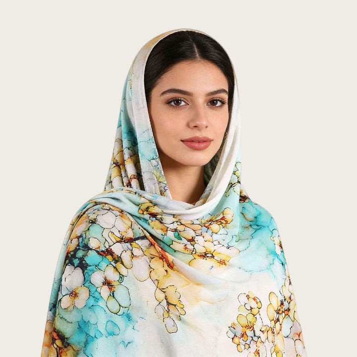 HilalHaven Fluid Hues Art‑Print Satin Cotton Hijab — Multi‑Pattern Long Viscose Head Scarf - image 8
