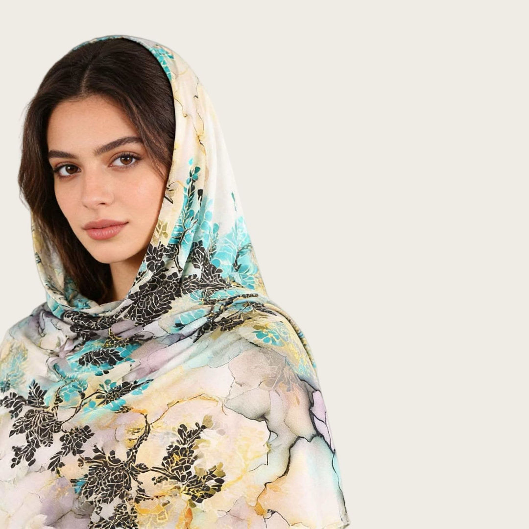 HilalHaven Fluid Hues Art‑Print Satin Cotton Hijab — Multi‑Pattern Long Viscose Head Scarf - image 70