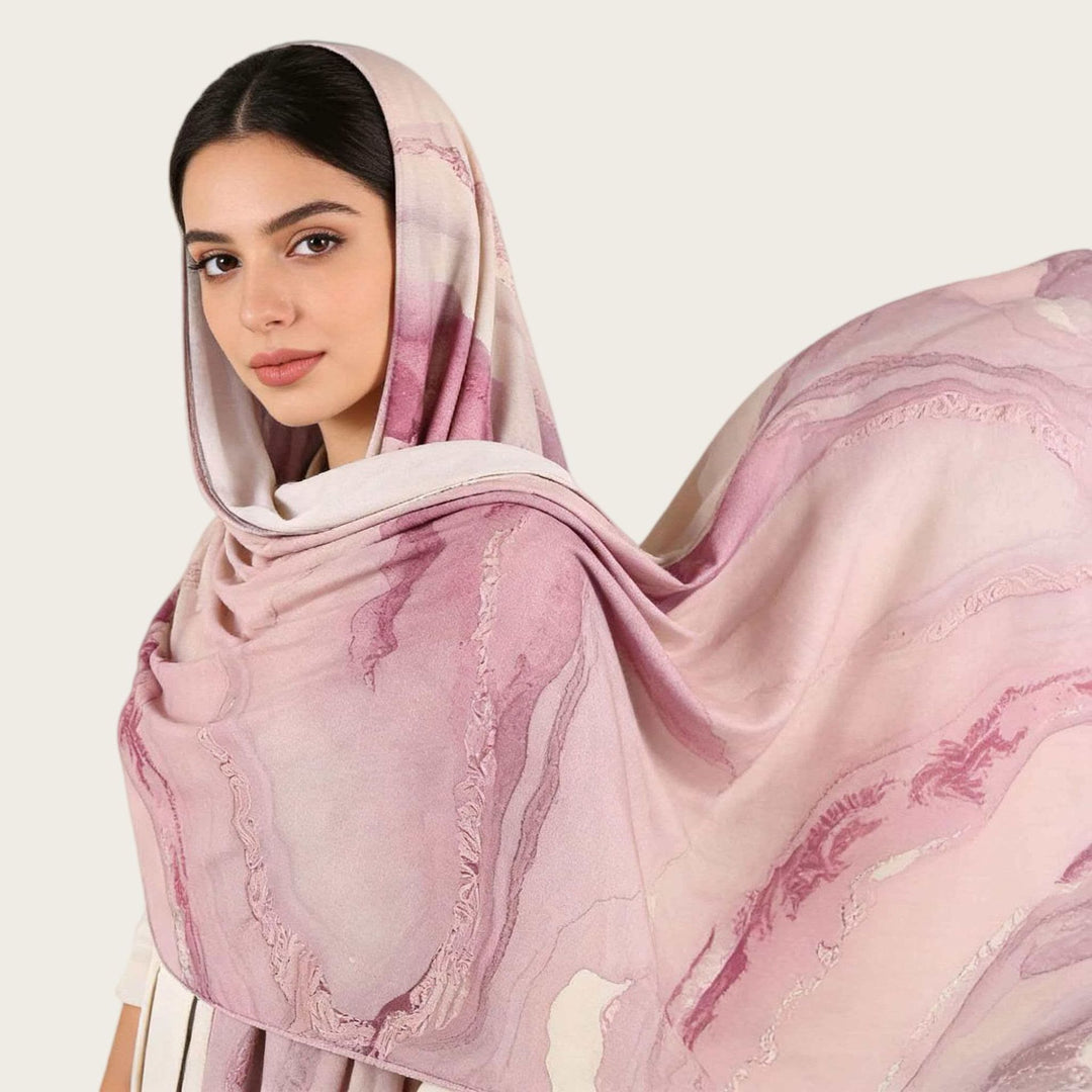 HilalHaven Fluid Hues Art‑Print Satin Cotton Hijab — Multi‑Pattern Long Viscose Head Scarf - image 2