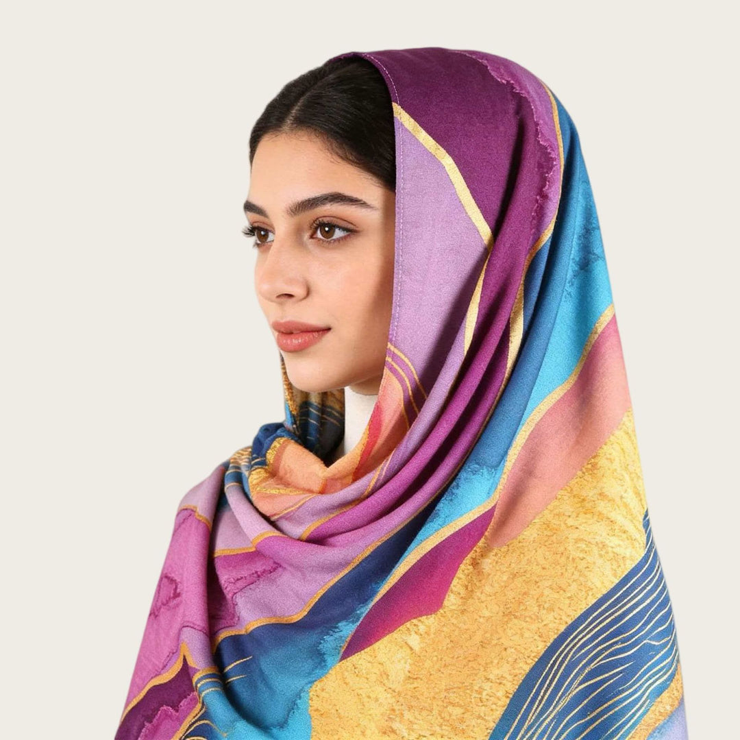 HilalHaven Fluid Hues Art‑Print Satin Cotton Hijab — Multi‑Pattern Long Viscose Head Scarf - image 26