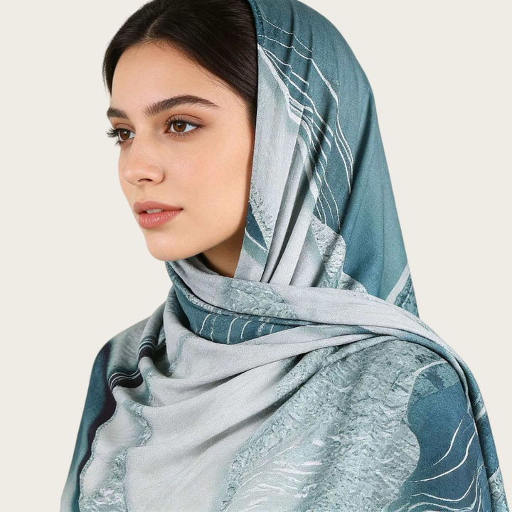 HilalHaven Fluid Hues Art‑Print Satin Cotton Hijab — Multi‑Pattern Long Viscose Head Scarf - image 32