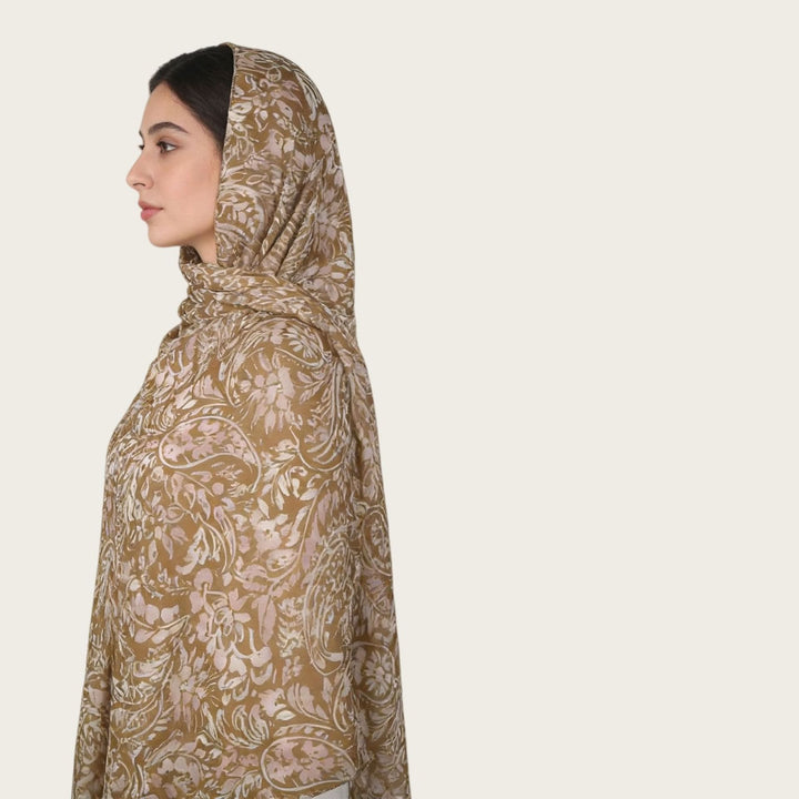 HilalHaven Vintage Haze Abstract‑Print Satin Hijab — Woven Polyester All‑Season Lightweight Wrap - Golden Beige Floral - image 0