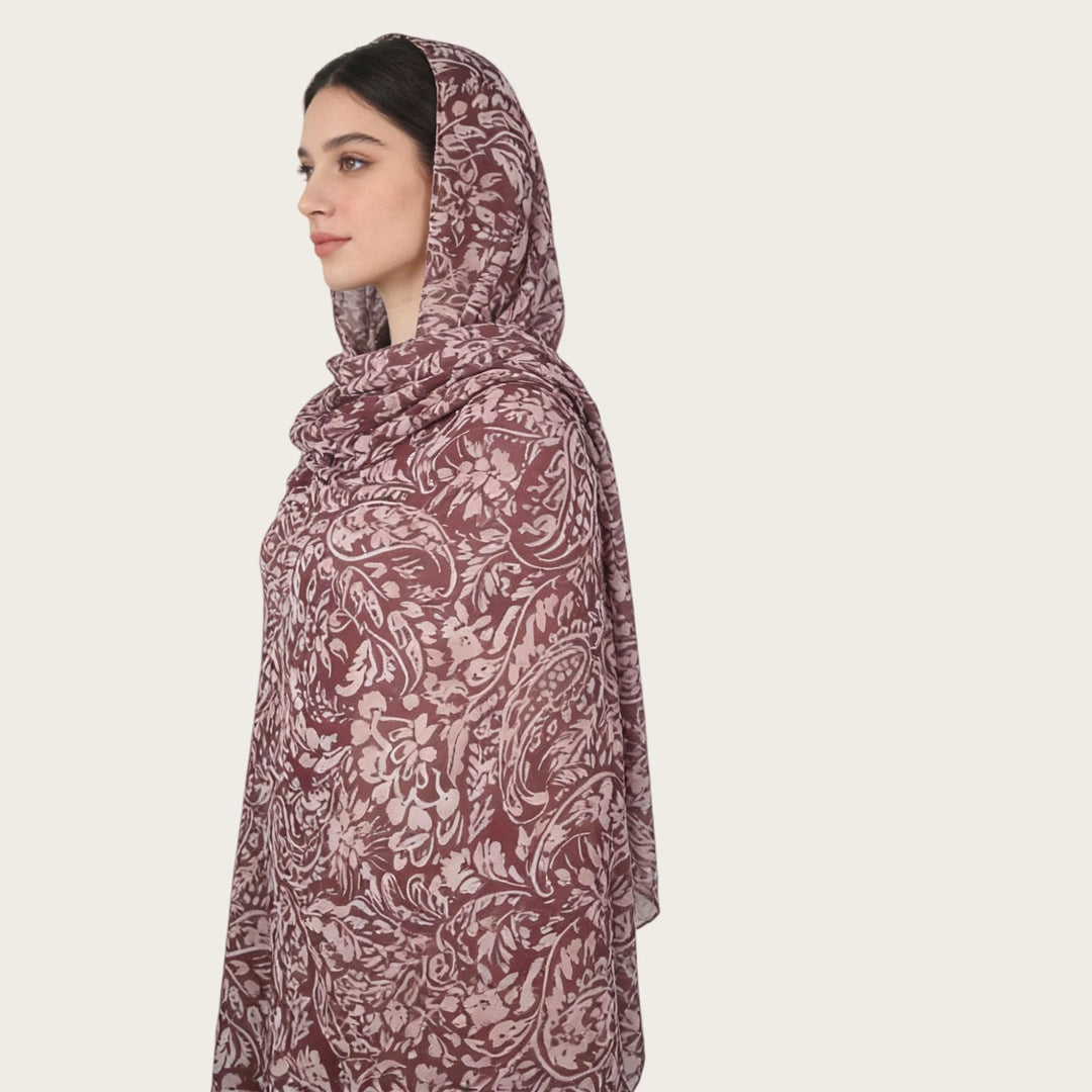 HilalHaven Vintage Haze Abstract‑Print Satin Hijab — Woven Polyester All‑Season Lightweight Wrap - Dusty Wine Floral - image 3