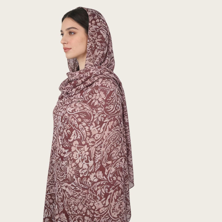 HilalHaven Vintage Haze Abstract‑Print Satin Hijab — Woven Polyester All‑Season Lightweight Wrap - Dusty Wine Floral - image 3