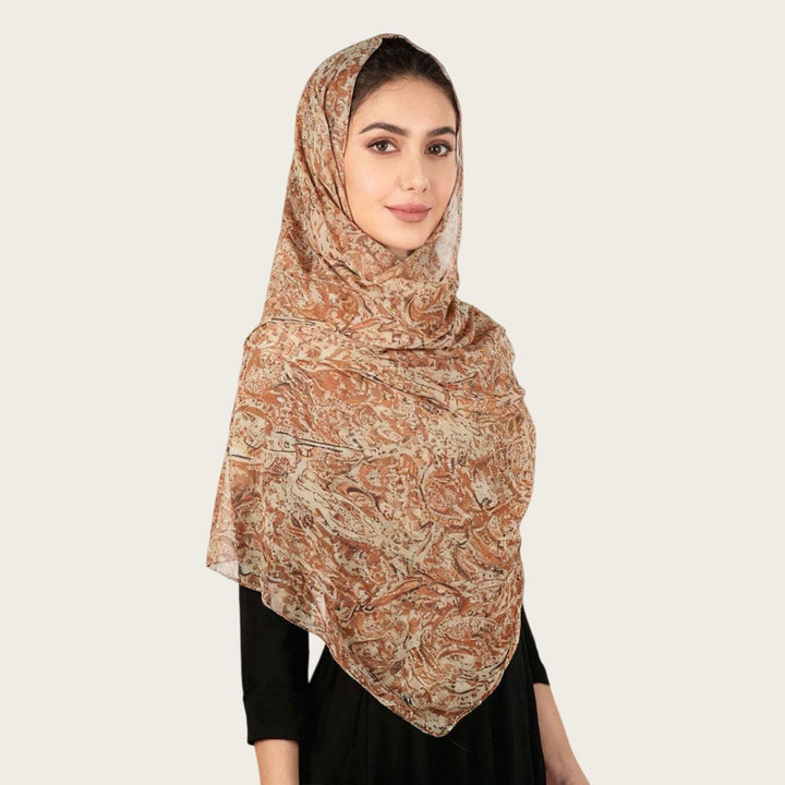 HilalHaven Vintage Haze Abstract‑Print Satin Hijab — Woven Polyester All‑Season Lightweight Wrap - Terracotta Floral - image 4
