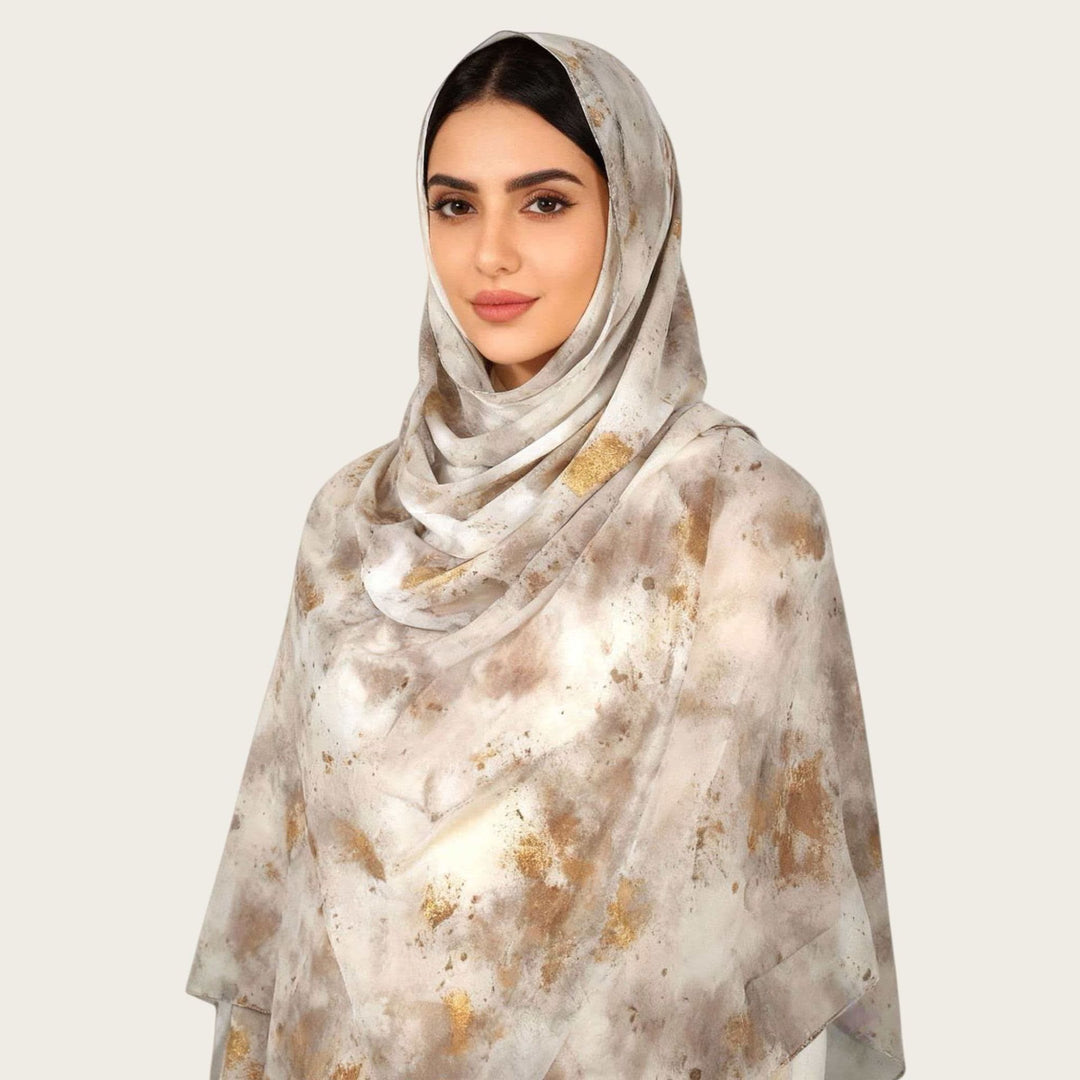 HilalHaven Vintage Haze Abstract‑Print Satin Hijab — Woven Polyester All‑Season Lightweight Wrap - Cream Marble - image 1