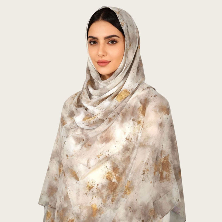 HilalHaven Vintage Haze Abstract‑Print Satin Hijab — Woven Polyester All‑Season Lightweight Wrap - Cream Marble - image 1