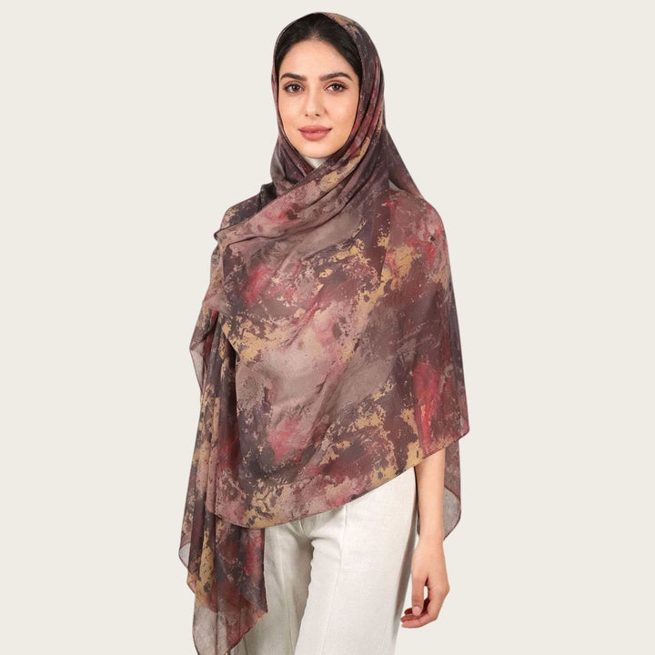 HilalHaven Vintage Haze Abstract‑Print Satin Hijab — Woven Polyester All‑Season Lightweight Wrap - Rust Merlot Floral - image 6