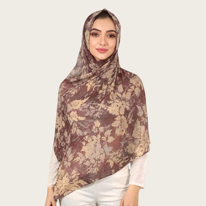 HilalHaven Vintage Haze Abstract‑Print Satin Hijab — Woven Polyester All‑Season Lightweight Wrap - Mocha Brown Floral - image 7