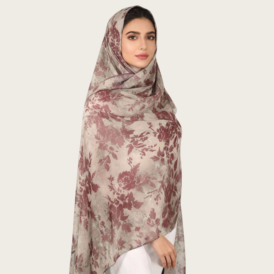 HilalHaven Vintage Haze Abstract‑Print Satin Hijab — Woven Polyester All‑Season Lightweight Wrap - Dusty Mulberry Floral - image 8