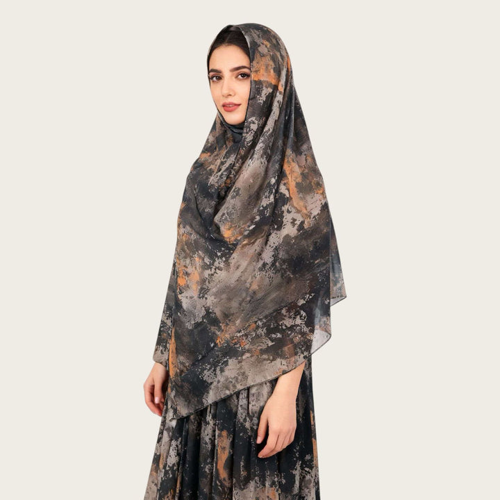 HilalHaven Vintage Haze Abstract‑Print Satin Hijab — Woven Polyester All‑Season Lightweight Wrap - Dark Sepia Floral - image 2