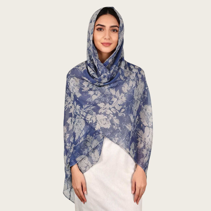 HilalHaven Vintage Haze Abstract‑Print Satin Hijab — Woven Polyester All‑Season Lightweight Wrap - Denim Blue Floral - image 5