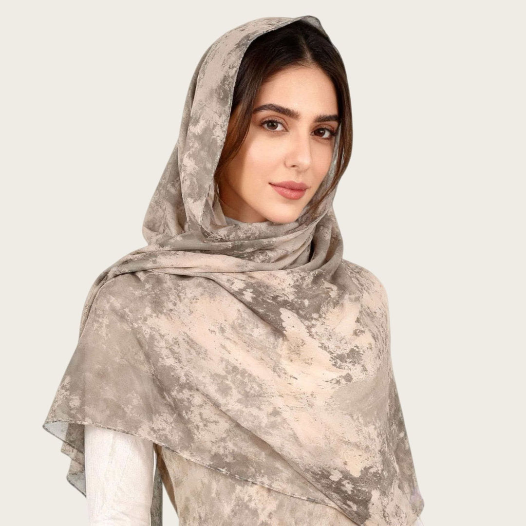 HilalHaven Vintage Haze Abstract‑Print Satin Hijab — Woven Polyester All‑Season Lightweight Wrap - Greige Marble - image 9