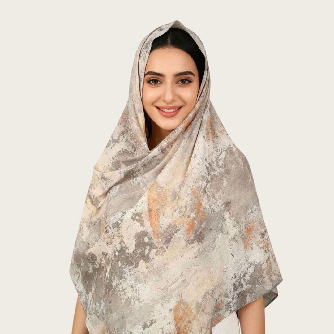 HilalHaven Vintage Haze Abstract‑Print Satin Hijab — Woven Polyester All‑Season Lightweight Wrap - Sand Marble - image 11
