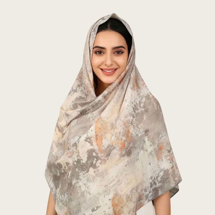 HilalHaven Vintage Haze Abstract‑Print Satin Hijab — Woven Polyester All‑Season Lightweight Wrap - Sand Marble - image 11