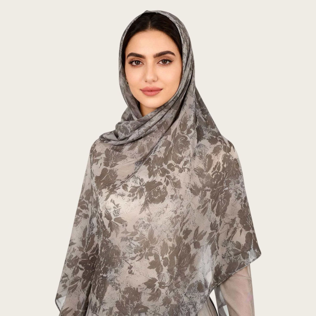 HilalHaven Vintage Haze Abstract‑Print Satin Hijab — Woven Polyester All‑Season Lightweight Wrap - Ash Grey Floral - image 16
