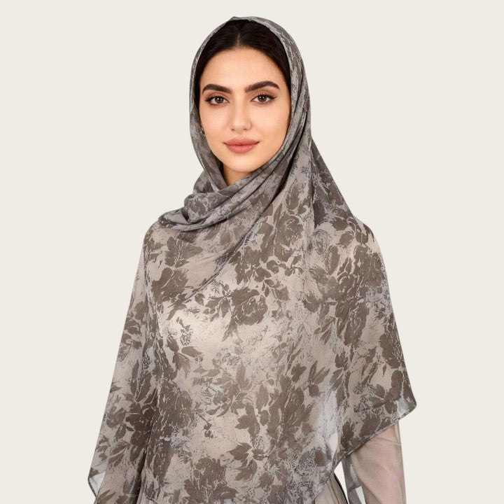HilalHaven Vintage Haze Abstract‑Print Satin Hijab — Woven Polyester All‑Season Lightweight Wrap - Ash Grey Floral - image 16