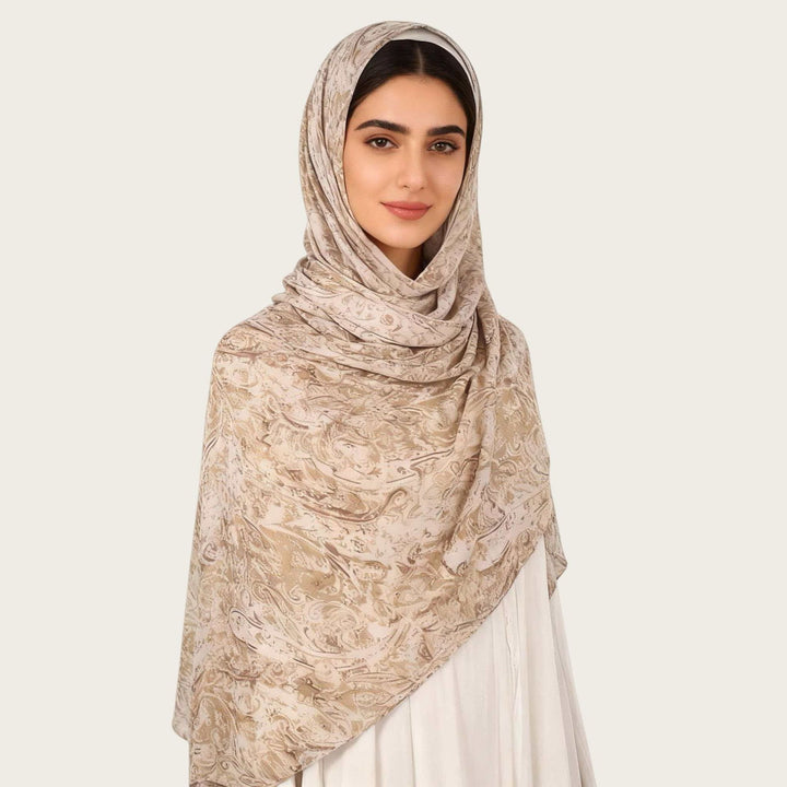 HilalHaven Vintage Haze Abstract‑Print Satin Hijab — Woven Polyester All‑Season Lightweight Wrap - Warm Taupe Floral - image 14