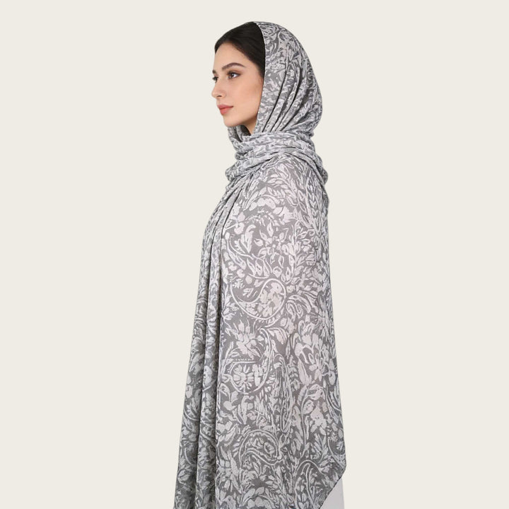 HilalHaven Vintage Haze Abstract‑Print Satin Hijab — Woven Polyester All‑Season Lightweight Wrap - Dusk Taupe Mist - image 24