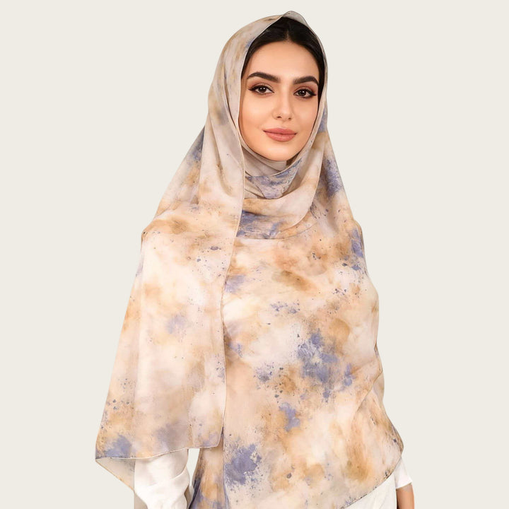 HilalHaven Vintage Haze Abstract‑Print Satin Hijab — Woven Polyester All‑Season Lightweight Wrap - Latte Beige Floral - image 28