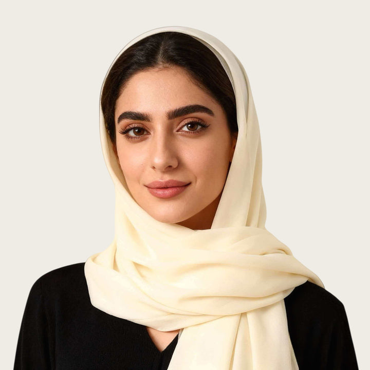 HilalHaven Pure Drape Plain Chiffon Hijab — Breathable Woven Polyester Versatile Daily Headscarf - Cream - image 3