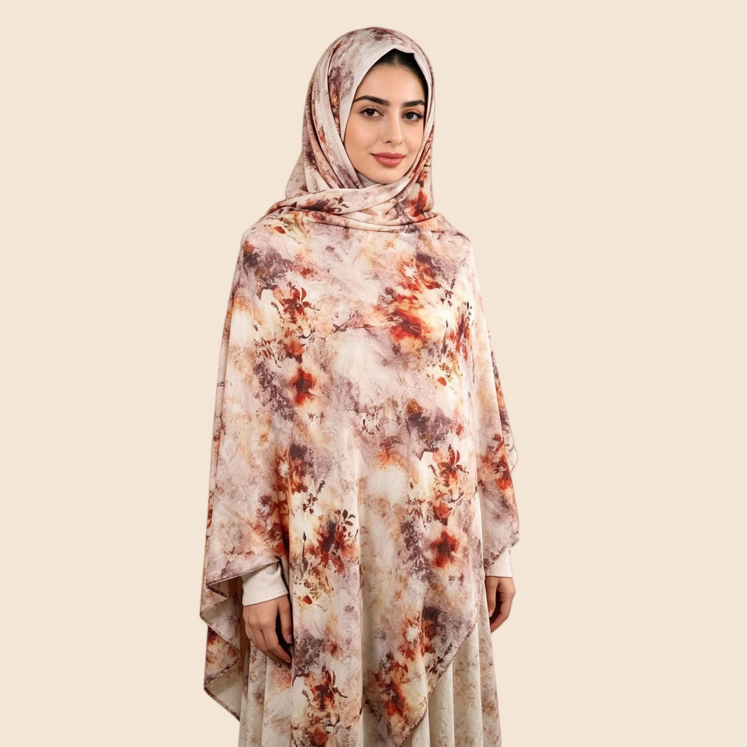 HilalHaven Ethereal Print Mercerized Cotton Hijab — Multi‑Pattern Knit Poncho‑Style Head Wrap - Autumn Tie-Dye Floral - image 2