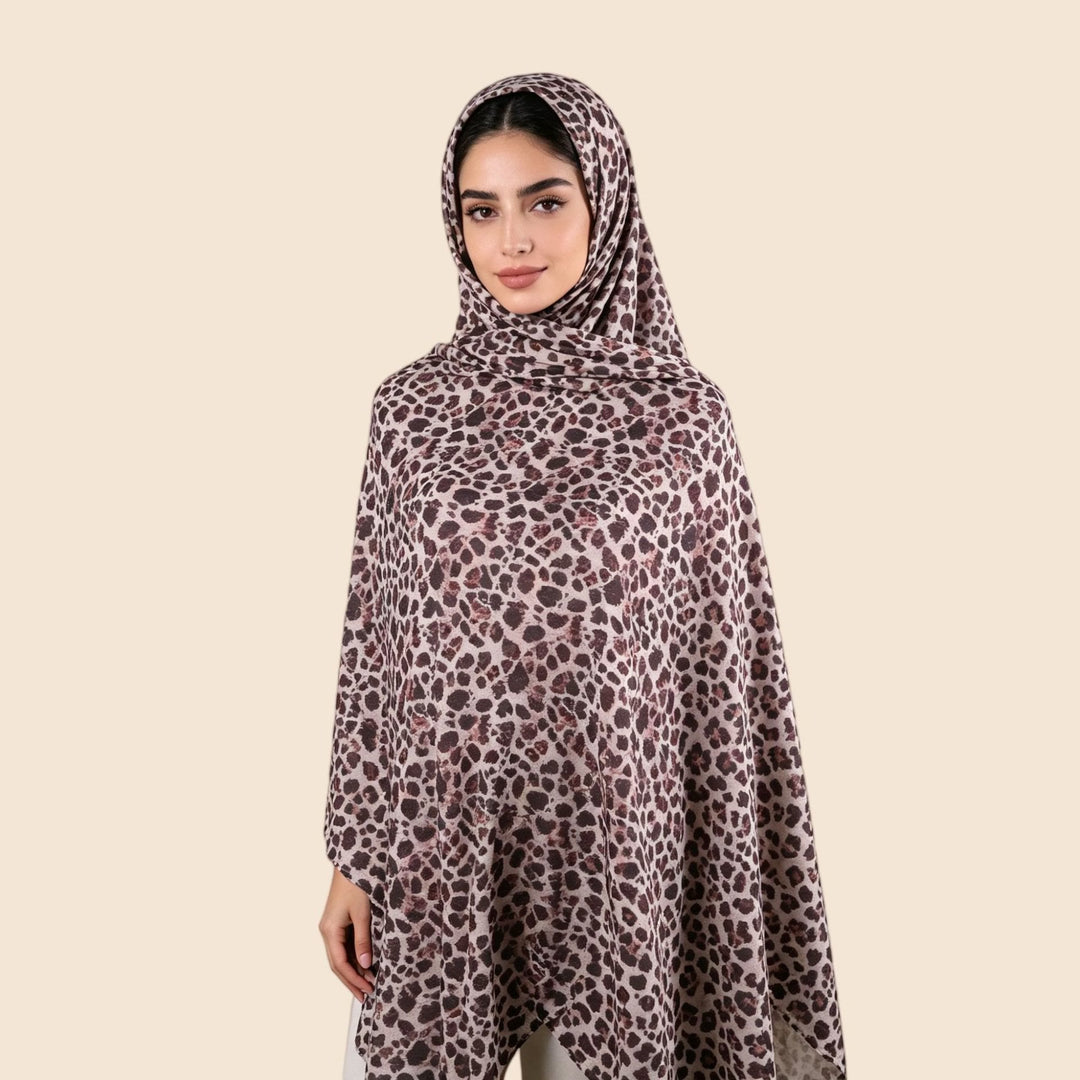 HilalHaven Ethereal Print Mercerized Cotton Hijab — Multi‑Pattern Knit Poncho‑Style Head Wrap - Mocha Leopard Print - image 3