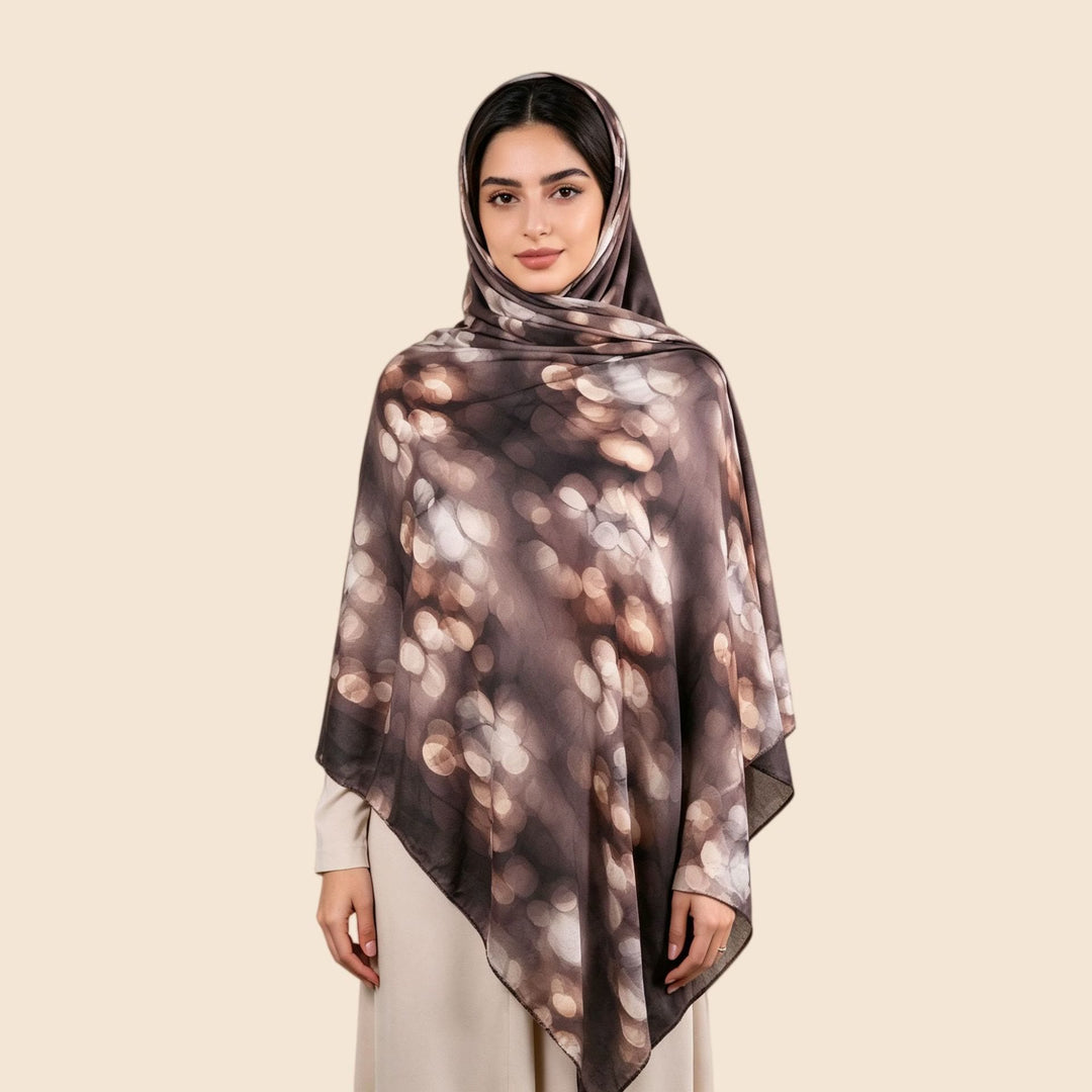 HilalHaven Ethereal Print Mercerized Cotton Hijab — Multi‑Pattern Knit Poncho‑Style Head Wrap - okeh Brown Print - image 0