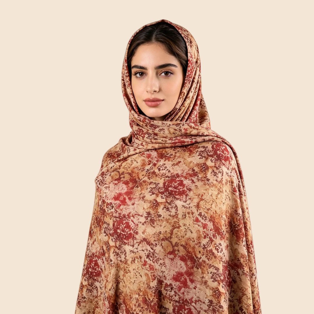 HilalHaven Ethereal Print Mercerized Cotton Hijab — Multi‑Pattern Knit Poncho‑Style Head Wrap - Rust Vintage Floral - image 4