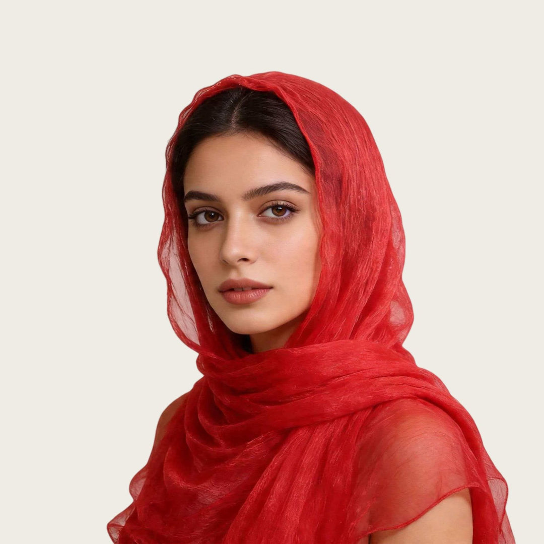 HilalHaven Shimmer Fold Crinkle Organza Hijab — Lightweight Sheen Texture Long Headscarf - Bright Scarlet - image 0