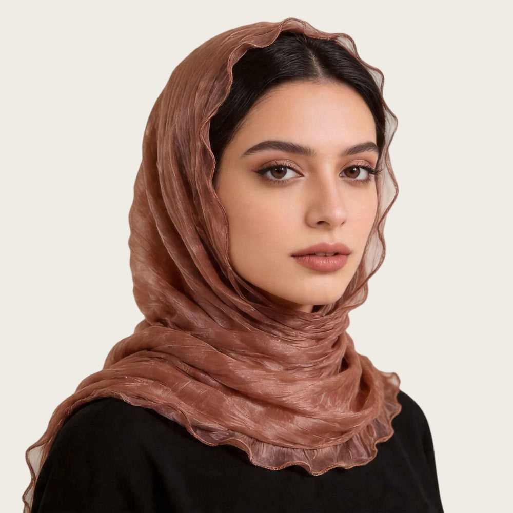 HilalHaven Shimmer Fold Crinkle Organza Hijab — Lightweight Sheen Texture Long Headscarf - Copper Rose - image 1