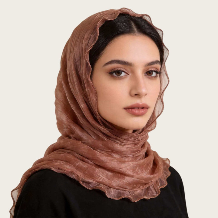 HilalHaven Shimmer Fold Crinkle Organza Hijab — Lightweight Sheen Texture Long Headscarf - Copper Rose - image 1