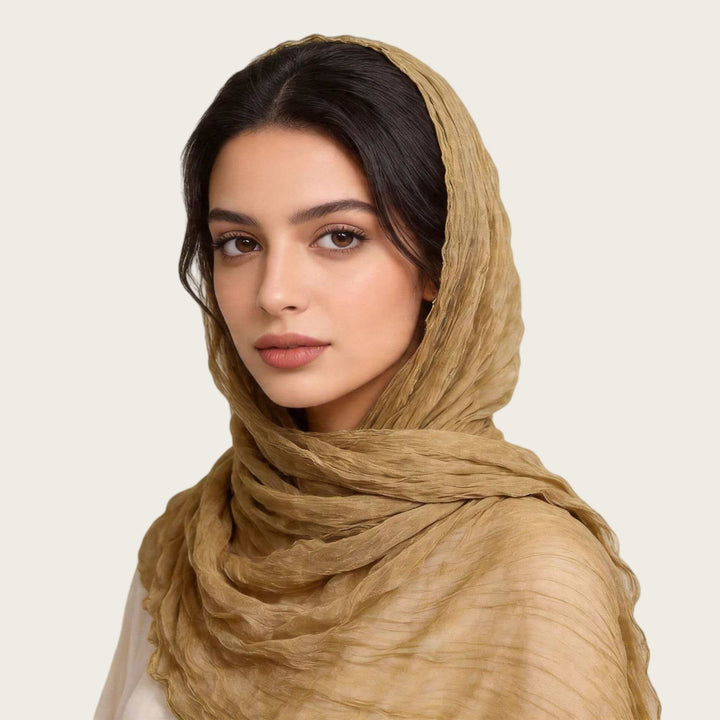 HilalHaven Shimmer Fold Crinkle Organza Hijab — Lightweight Sheen Texture Long Headscarf - Antique Gold - image 2