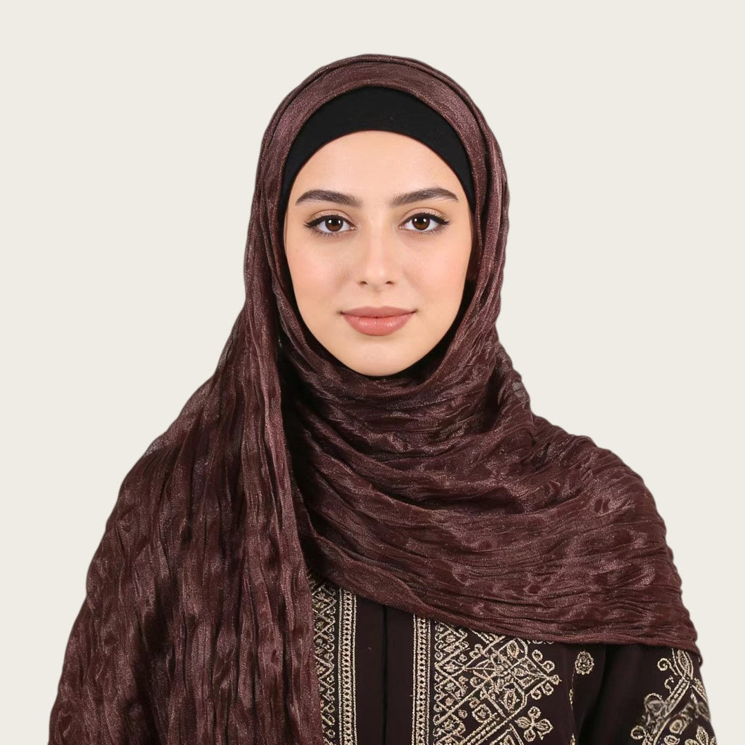 HilalHaven Shimmer Fold Crinkle Organza Hijab — Lightweight Sheen Texture Long Headscarf - Espresso Plum - image 3