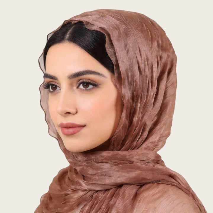 HilalHaven Shimmer Fold Crinkle Organza Hijab — Lightweight Sheen Texture Long Headscarf - Dusty Copper - image 4